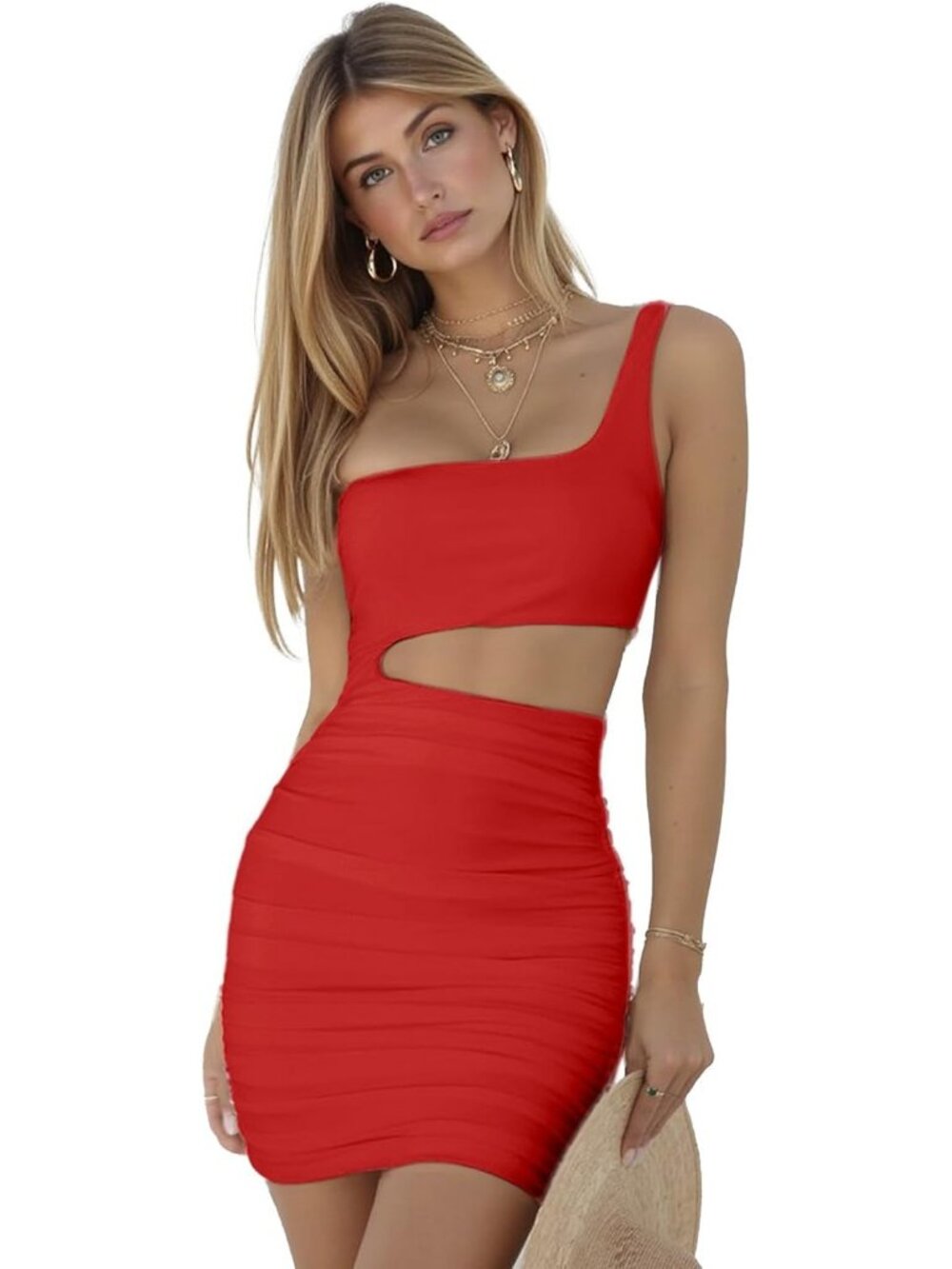 Women's Mini Dress Red One Shoulder Neck Sleeveless Classic Summer Outfit Soft